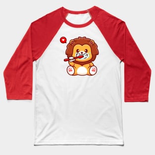 Cute Lion Brushing Teeth Cartoon Baseball T-Shirt